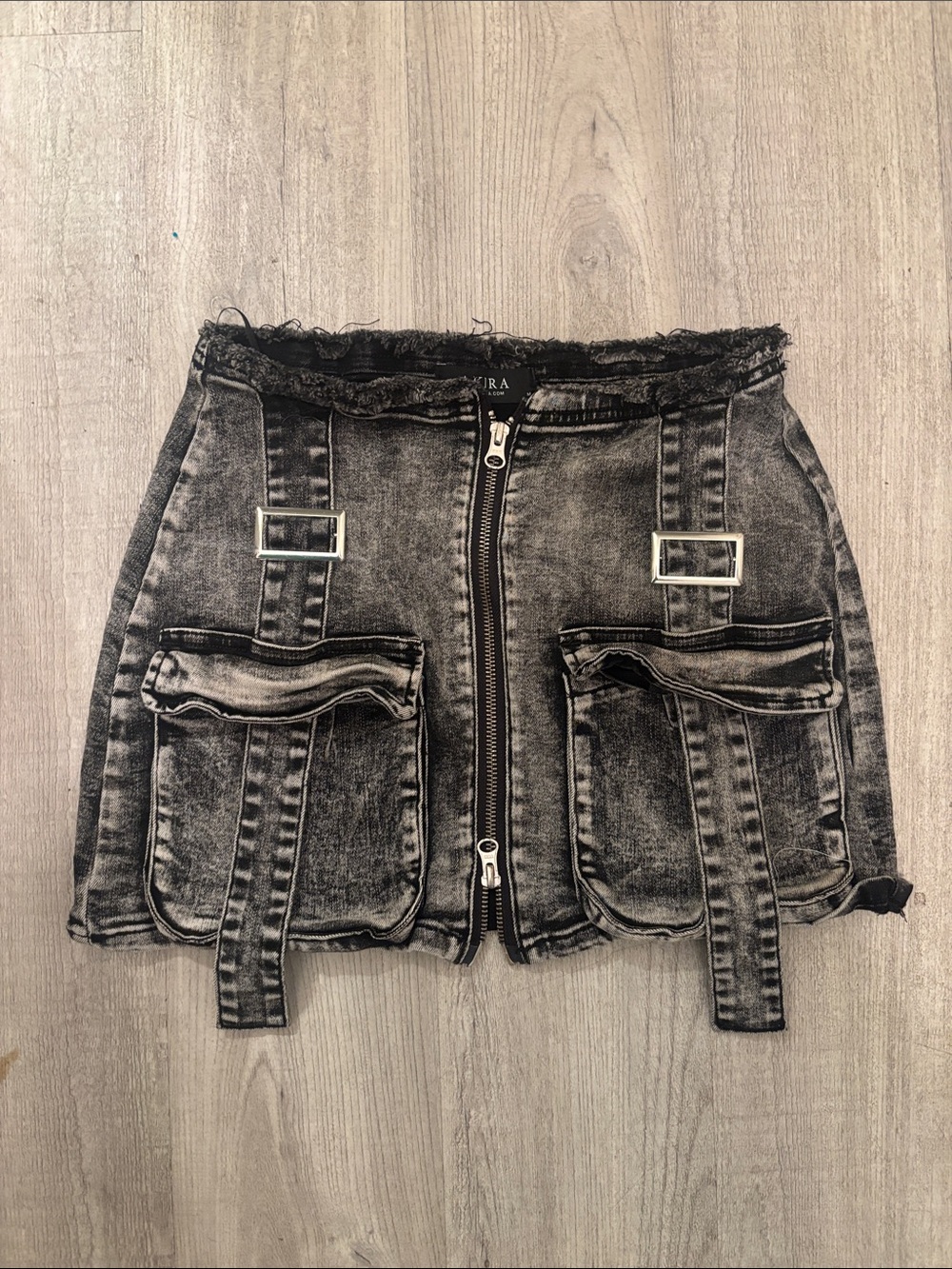 AKIRA Black Washed Utility Mini Skirt with Buckle Straps